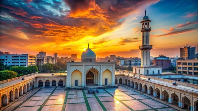 Majestic Baitul Mukarram Mosque Dhaka, Bangladesh - Stunning Sunrise Stock Photo