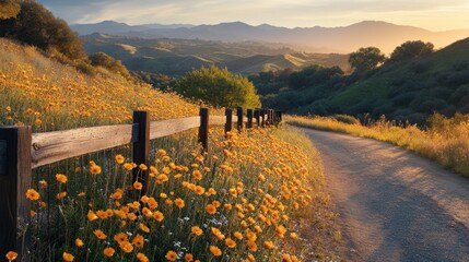 Fototapeta premium A peaceful cycling trail winds through rolling hills, lined with vibrant flowers and bathed in soft morning sunlight.