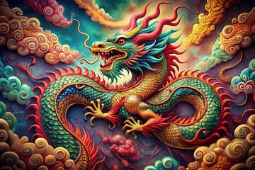 Fototapeta premium Majestic Chinese Dragon: Vibrant Vintage Artwork, Swirling Scales, Legendary Creature
