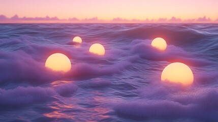 Glowing orbs float gently on ocean waves at sunset