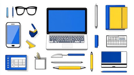 Flat lay illustration of digital and office supplies on white background