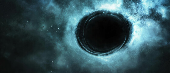 Illustration of a black hole warping the light from surrounding stars in a cosmic setting