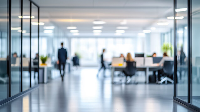 Blurred people working in a clear modern office open space, workplace teamwork
