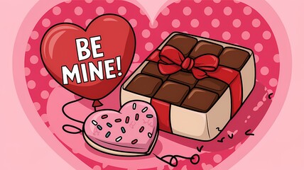 A cute cartoon-style illustration of a Valentine's Day scene. There's a heart-shaped balloon with the text "Be mine!". There's a box of chocolate with a red ribbon. There's a heart-shaped cookie