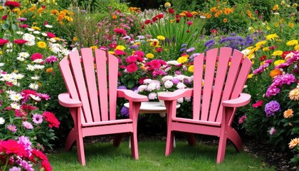 Pink Adirondack chairs in vibrant flower garden. Possible use stock photo