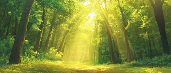 Obraz premium Sunlight filters through trees in a tranquil forest clearing during midday