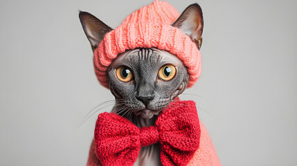 Obraz premium Cornish Rex in Charming Knitted Hat with Bold Fabric Bow