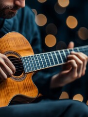 Fototapeta premium A close-up view of a musician playing an acoustic guitar with intricate wood grain details, set against a soft bokeh background, creating a warm and intimate atmosphere