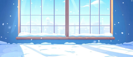 Cozy attic winter setting with snow accumulating on the window sill