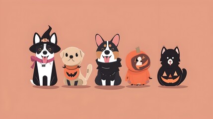 Fototapeta premium Adorable Cartoon Dogs in Halloween Costumes Celebrating Autumn Holiday