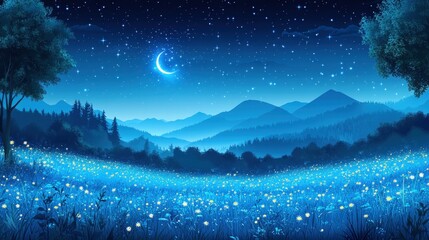 Enchanting night landscape with crescent moon starry sky and blooming meadow. Ideal for fantasy art nature lovers or as a calming phone wallpaper.