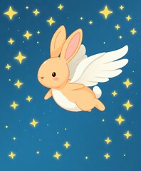 there is a cartoon bunny flying through the sky with stars.