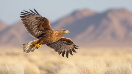 Obraz premium A majestic hawk soaring over a golden landscape with mountains in the background.