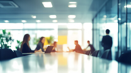 Blurred people working in a clear modern office conference room, workplace teamwork