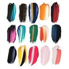 A set of single isolated multicolored brushstrokes on a white background