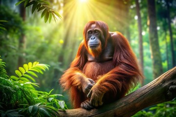 Fototapeta premium Majestic Orangutan in Rainforest Habitat - Copy Space