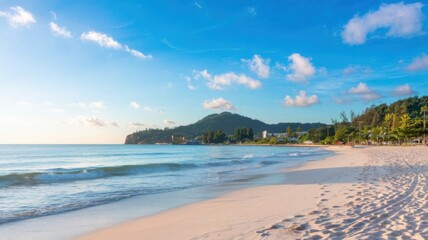 Panoramic tropical beach view with clean white sand, clear blue sky, and calm ocean waves in summer