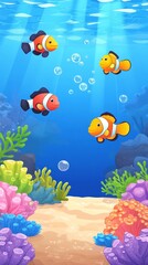 Fototapeta premium Four clownfish swimming amidst vibrant coral reef in ocean