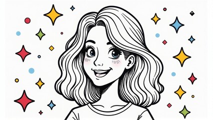 Happy Girl with Stars, Coloring Page, Line Art Illustration, isolated white background, Coloring Page, Line Art Illustration, isolated white background