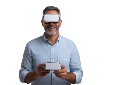 A casual man in a light blue shirt holds a VR headset and smiles softly at the camera, set against a plain white background, exuding a relaxed and approachable vibe.

