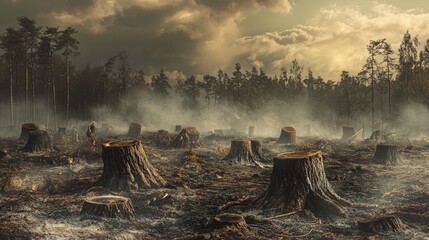 Deforestation Scene: Charred Stumps in a Smoke-Filled Forest