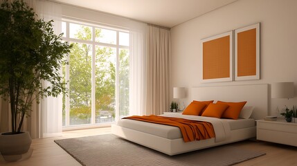 elegant bedroom with bold orange accents and white walls