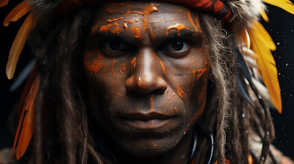 A portrait of a Native American in a traditional feathered headdress, symbolizing cultural heritage