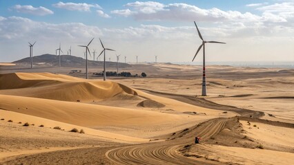 A panoramic view of a vast desert with wind turbines generating 