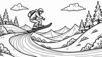 Snowboarding in the Mountains - Line Art Illustration, Coloring Page, Line Art Illustration, isolated white background, Coloring Page, Line Art Illustration, isolated white background