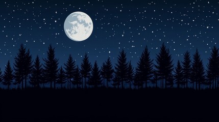 Full Moon Illuminating a Silhouetted Pine Forest Under a Starry Night Sky