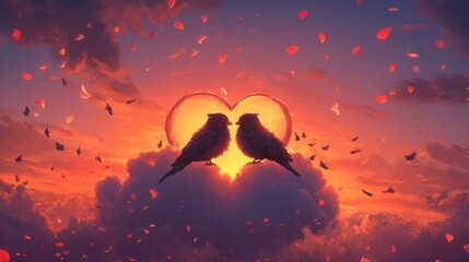 Obraz premium Two Birds Share A Sunset Heart Amidst Falling Petals