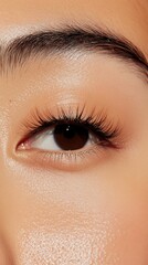 Naklejka premium Close-up of an eye showing smooth, radiant skin and long lashes, highlighting natural beauty and detail.