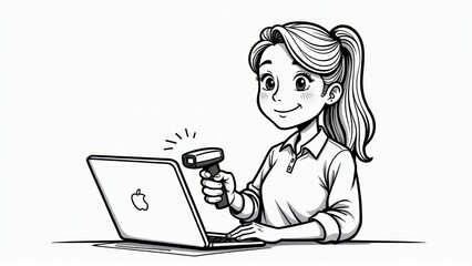 Woman Using Barcode Scanner with Laptop, Coloring Page, Line Art Illustration, isolated white background, Coloring Page, Line Art Illustration, isolated white background