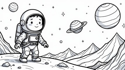 Fototapeta premium Cute Astronaut Exploring a New Planet, Coloring Page, Line Art Illustration, isolated white background, Coloring Page, Line Art Illustration, isolated white background