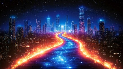 Futuristic cityscape at night with a glowing, vibrant river road