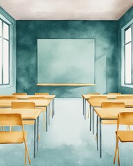 A serene classroom scene featuring empty wooden desks, a chalkboard, and large windows, bathed in natural light.