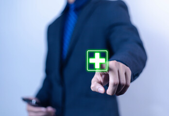 Businessman showing plus icon, concept of comparing pros and cons, helps to make decision about pros and cons.