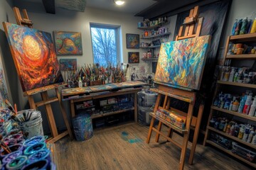 Obraz premium Art studio corner with a canvas in progress, surrounded by paint tubes.