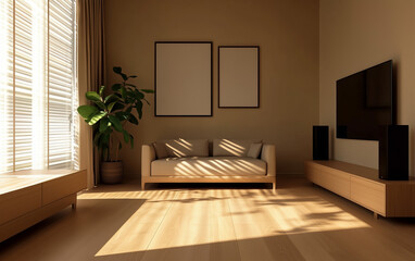 Fototapeta premium Modern Living Room with Beige Sofa and Wooden Furniture in Natural Light
