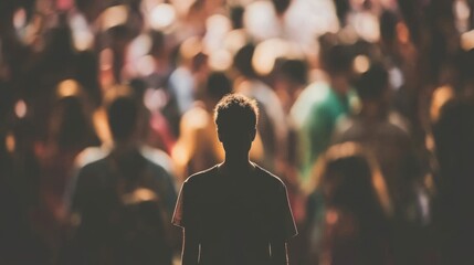 Fototapeta premium Crowd of people with one highlighted individual standing out, symbolizing the importance of individuality and standing tall amidst a sea of similarities.