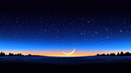Crescent moon rises over a field with starry night sky. Ideal for desktop wallpapers or nature-themed designs.