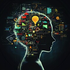 A silhouette of a human head filled with colorful data visualizations, symbols, and graphs, representing the fusion of technology and human intelligence.