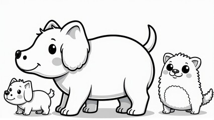 Obraz premium Cute Cartoon Dogs of Different Sizes, Coloring Page, Line Art Illustration, isolated white background, Coloring Page, Line Art Illustration, isolated white background