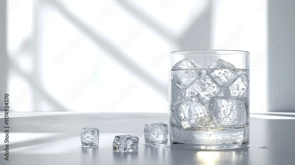 Poster a chilled glass of soda filled with large ice cubes and sparkling bubbles, sitting on a cool, smooth