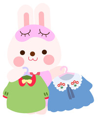 Bunny holding hangers with two different garments. Choice of outfit.
