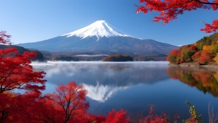 Colorful Autumn Season and Mountain Fuji with morning fog and red leaves at lake Kawaguchiko.
