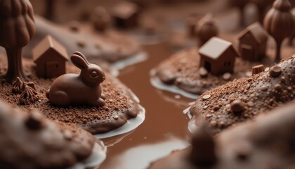 Rolling hills of melted milk chocolate&sbquo; a river of dark chocolate&sbquo; miniature chocolate houses&sbquo; and a playful chocolate bunny.