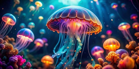 Fototapeta premium Mesmerizing Jellyfish: Deep Ocean Bioluminescence, Underwater Exploration