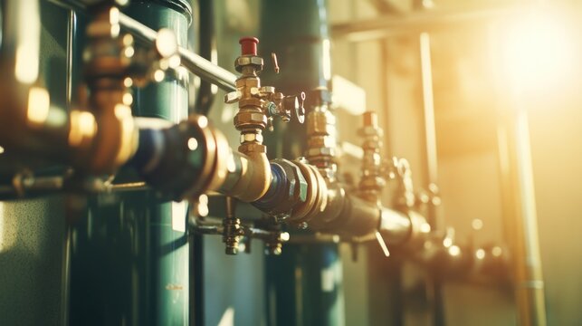 Industrial pipes, valves, and fittings in sunlight.