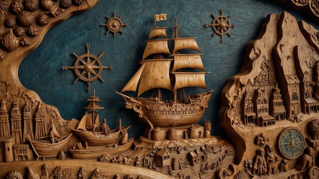 A detailed wooden carving of Christopher Columbus, depicted with a map in one hand, a compass in the other, surrounded by carved ships, the ocean, and nautical symbols.